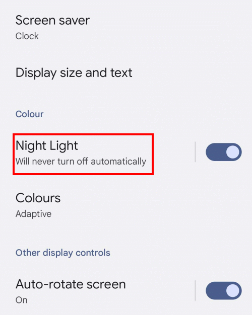 Tap where it says Night Light, Will never turn off automatically